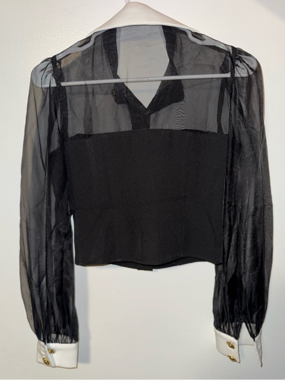 Lulu's Black Sheer-Sleeve Button Front Top with White Collar - XS - Picture 2 of 6